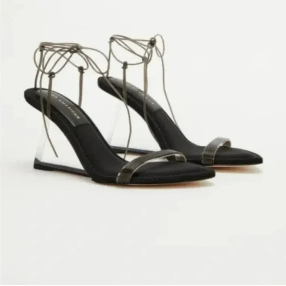 Good American Women’s Black Neoprene Pointy Toe Strappy Clear Heel Shoes SZ 8.5